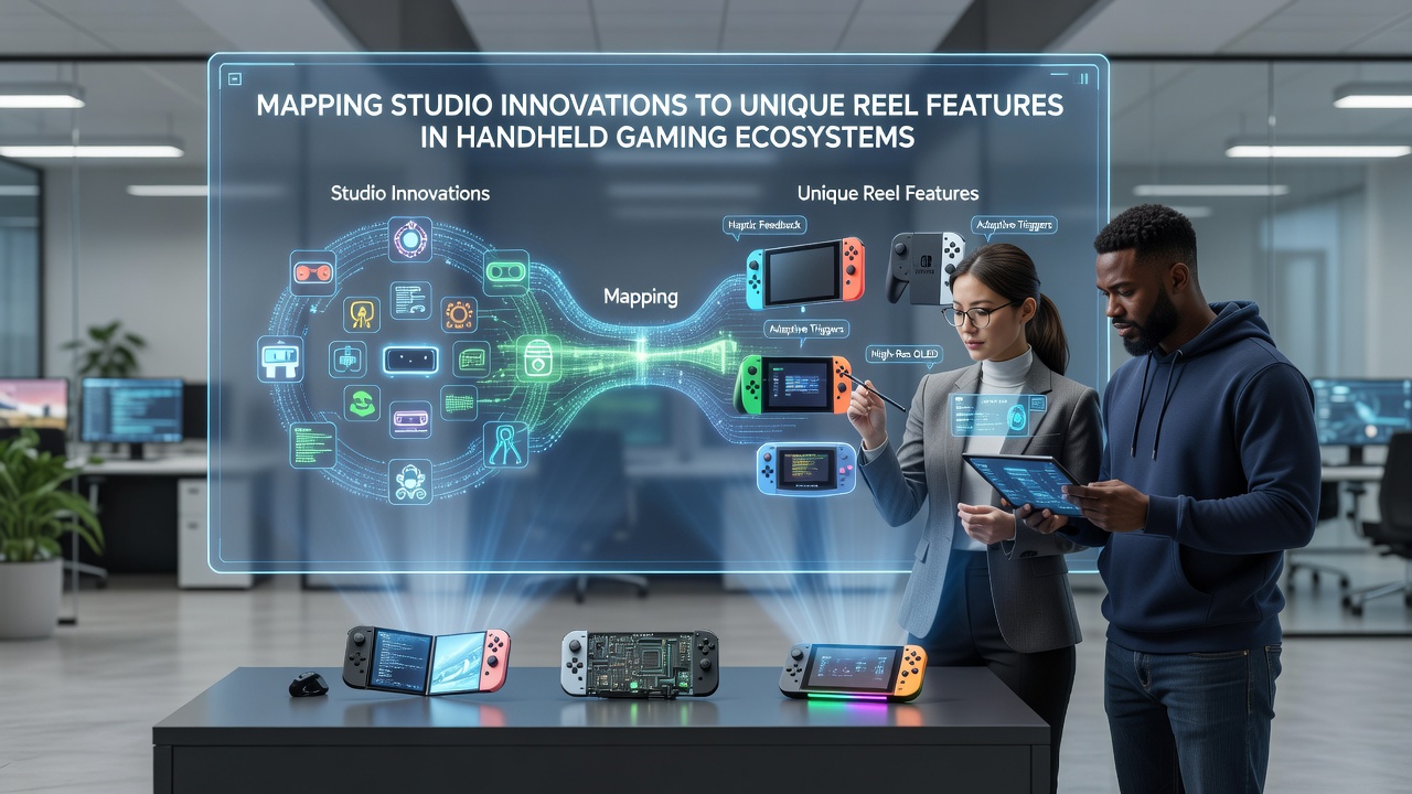 Game development studio team collaborating on reel mechanics for handheld gaming devices